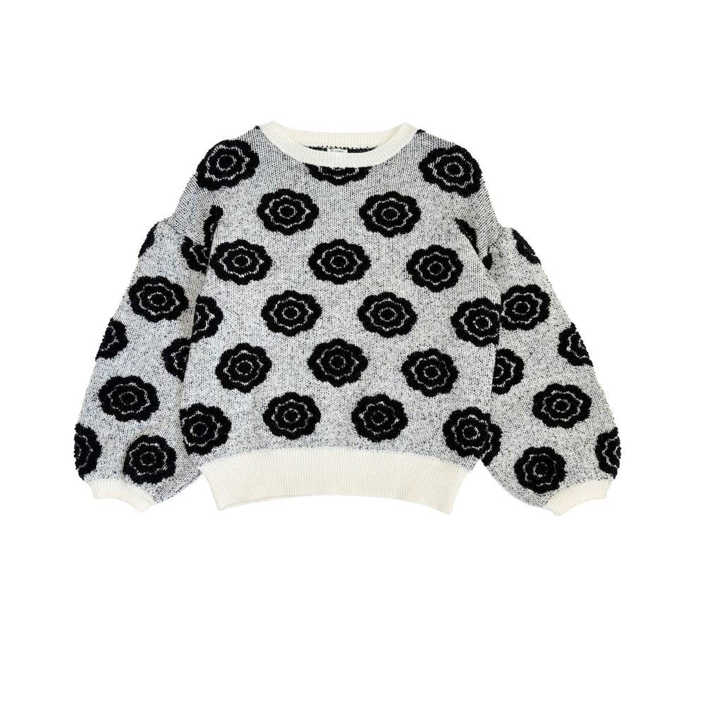 EN Creme Floral Eyelash Sweater Women M Black White Balloon Sleeve Cozy Knit